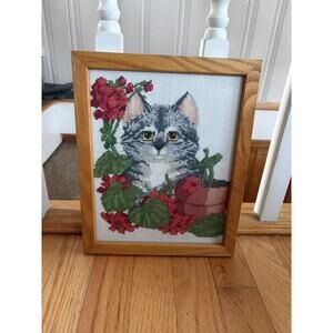 Garden Mischief Cat in Flowers Design Cross Stitch Completed and Framed. ￼